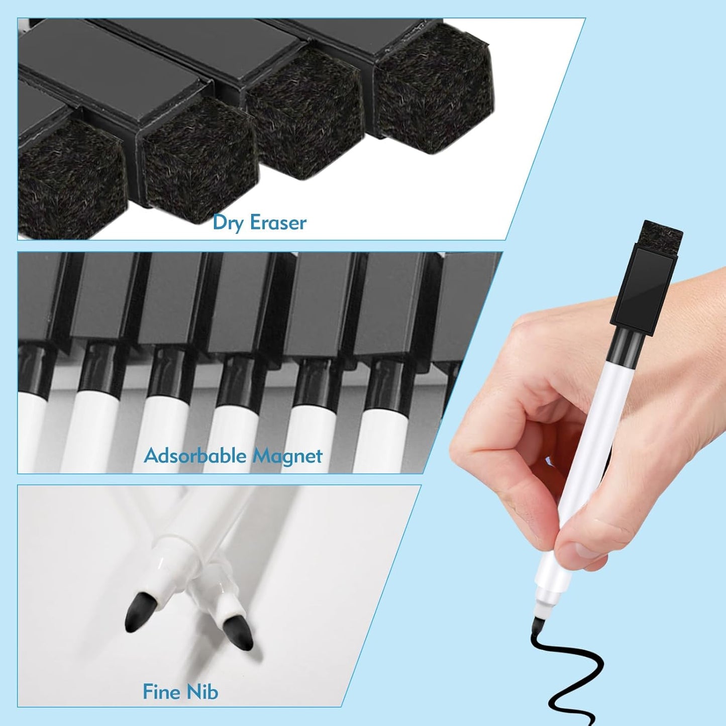 12 Pcs Black Dry Erase Markers, Whiteboard Dry Erase Markers Fine Tip Small Magnetic Dry Erase Marker with Eraser Cap for School, Home, Office Supplies