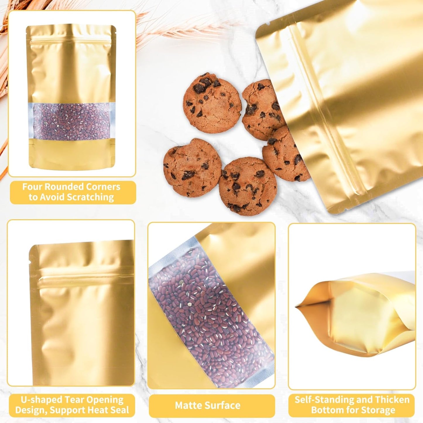 100 Pack Smell Proof Bags, Resealable Gold Mylar Bags with Matte Window, Foil Pouch Stand Up Sealable Bags for Packaging, 3.93 × 5.9 Inch