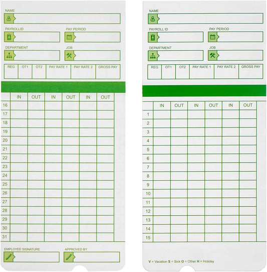 Zzrywuty All Pay Periods, 100 Count Time Cards for Hn3000, 2-Sided, 3 3/8" x 7 3/8", Green