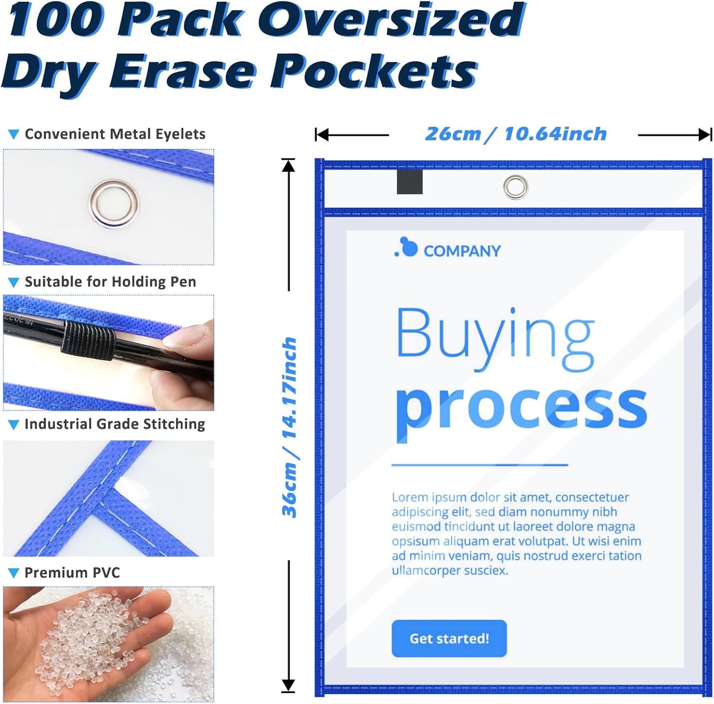 100 Pack Dry-Erase Pockets Sleeves Bulk Job Ticket Holders Oversized Reusable10x14 Blue Plastic Sheet Page Protectors, Heavy Duty Clear Work Pockets, Teacher School Classroom Supplies