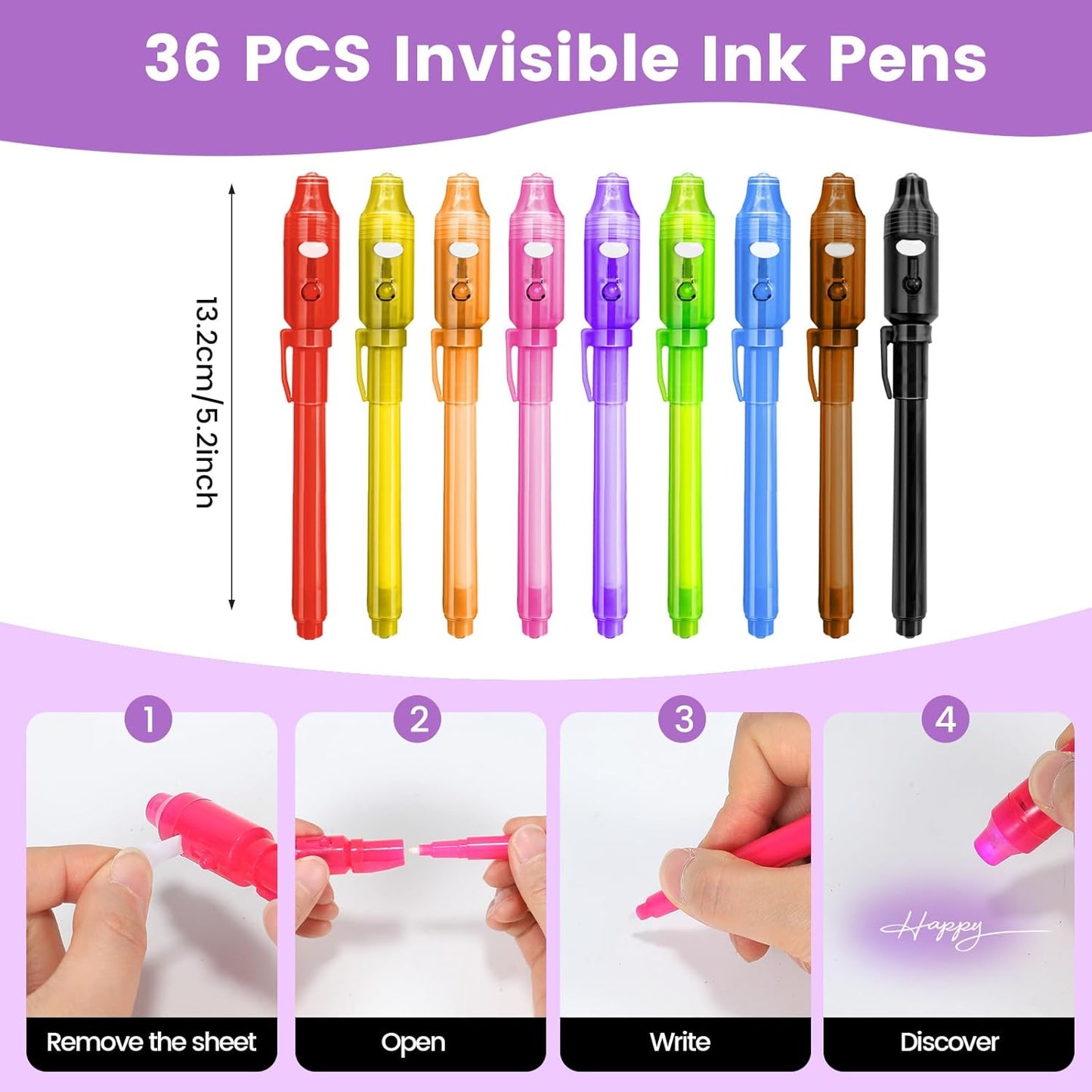 Invisible Ink Pens with UV Light, 36 Pcs Spy Pens for Kids, Party Favors Toy for Girls Boys, Classroom Prizes Magic Markers for Students, Writing Secret Messages for Birthday Halloween Christmas Party