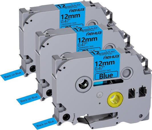 Hehua Tape Tze Tz 12mm 0.47 Laminated Blue Compatible for Brother P-Touch TZe-531 TZe531 TZ-531 TZ531 Tape for Ptouch PT D210 D200 D210 D610 H110, 1/2'' x 26.2ft Black on Blue, 3 Pack