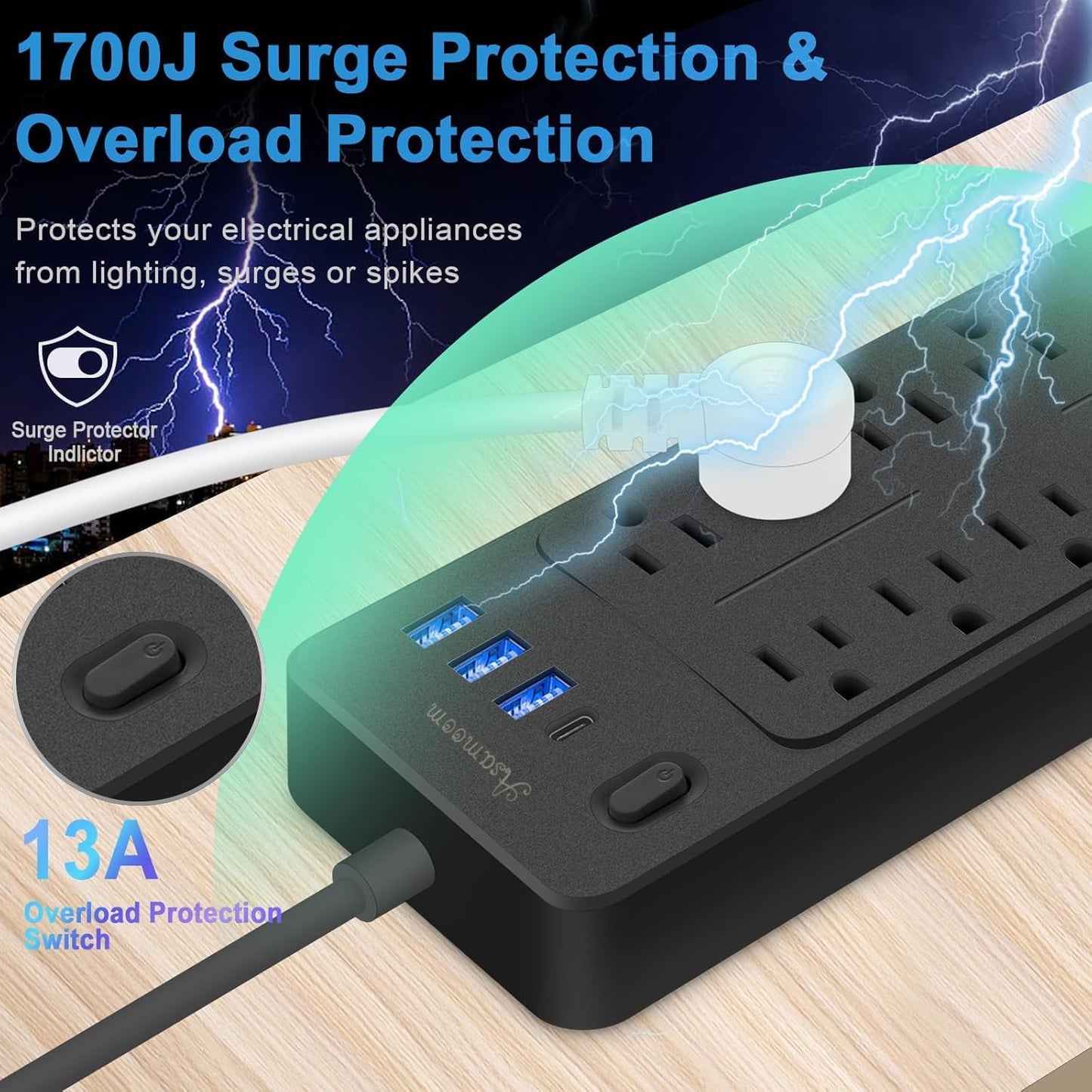 20 FT Power Strips with Surge Protection 1625W/13A, 10 Outlets with 4 USB Ports (1 USB C) Long Extension Cord with Multiple Outlets 14-in-1 1700J 16Awg Flat Plug Power Strip Protector Black ETL Listed