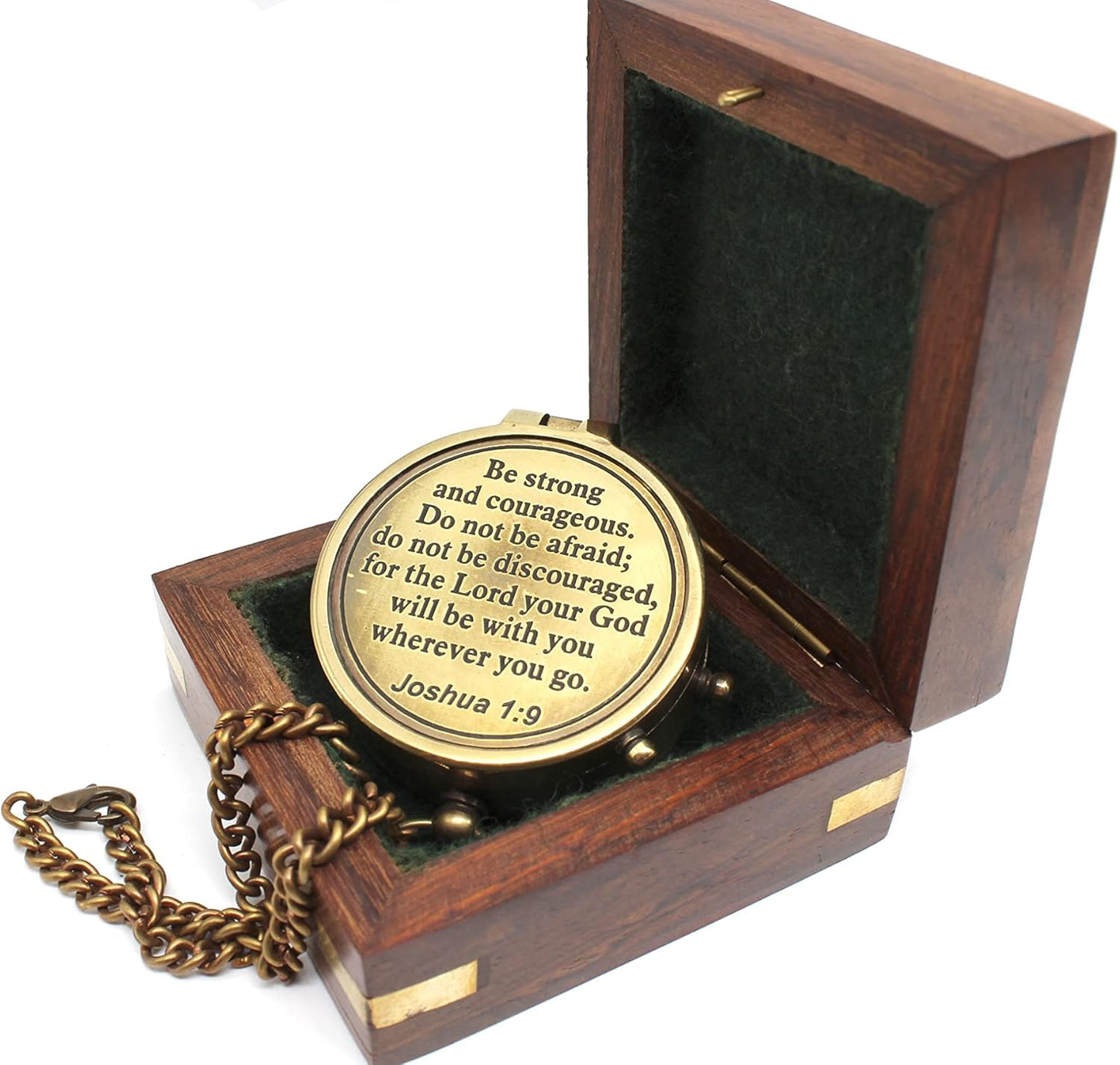 Be Strong and Courageous Compass – Antique Nautical Magnetic Compass with Engraved Scripture Quote – Baptism Gift with Wooden Box for Son, Father, Husband, Loved One