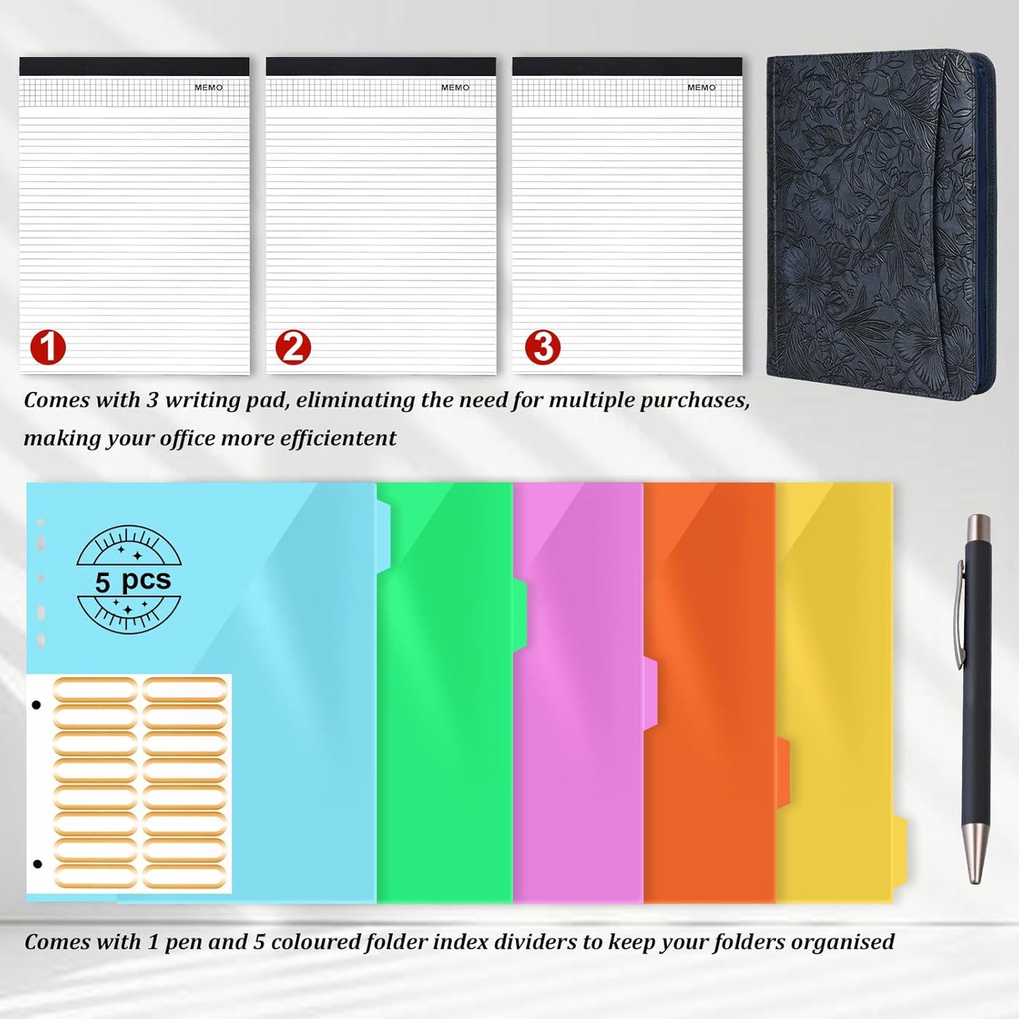 Leathario Portfolio Binder, Includes 5 Folder Index Dividers and 3 Notepads, 3-Ring Folder Organizer, Padfolio with Zipper, Vegan Leather Tablet Sleeve, Business Office Conference Clipboards