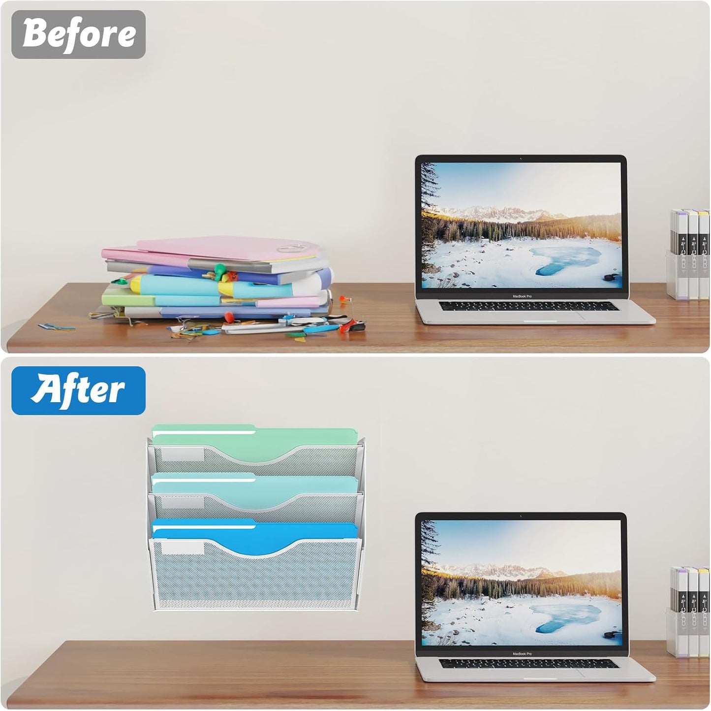 3 Tier Hanging Wall File Organizer, Mesh Mail Paper Orgnization Hanging File Folder Holder for Home Office, White