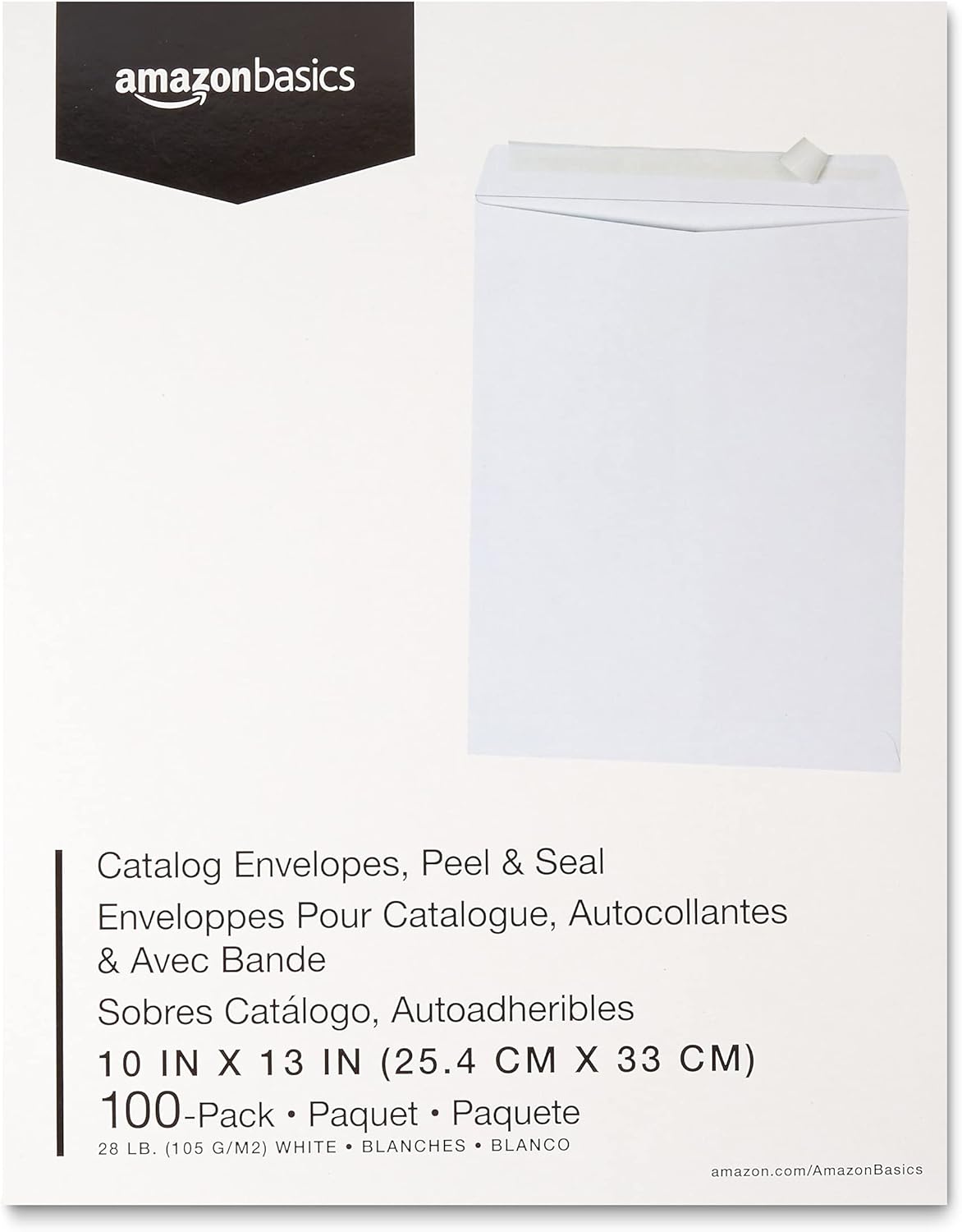 Amazon Basics Catalog Mailing Envelopes, Peel and Seal, 10x13 Inch, White, 100-Pack