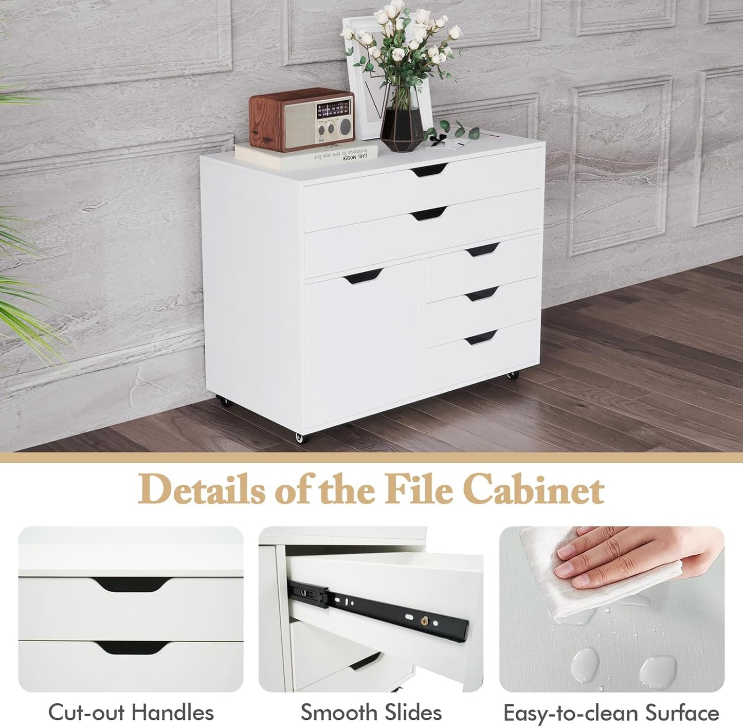 Giantex File Cabinet, Rolling Lateral Filing Cabinet with 2 Large Drawers, 3 Small Drawers, Wheels, Load 220 Lbs, Office Craft Storage Organization, Mobile Storage Organizer, Printer Stand