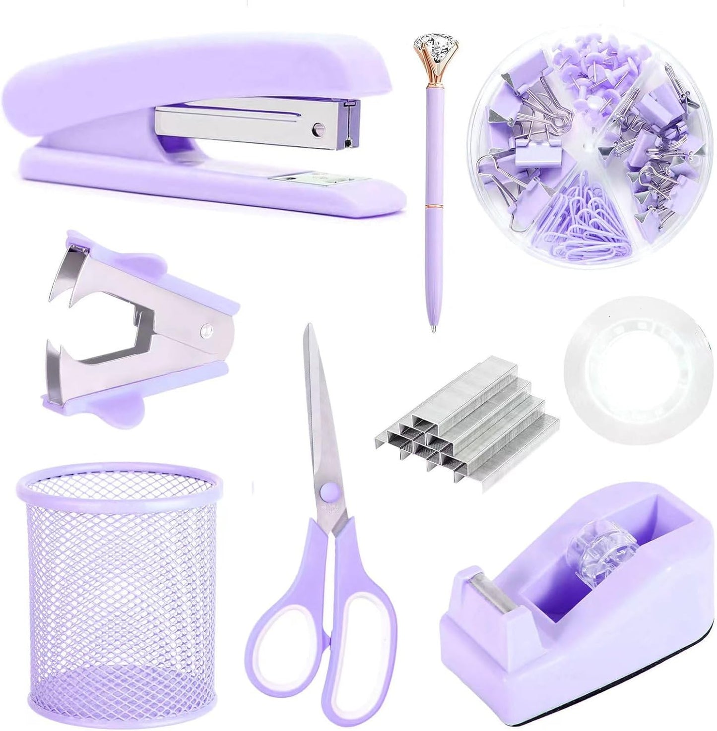 Purple Desk Accessories, Pink Office Supplies Set with Stapler, Tape Dispenser, Staple Remover, Pen Holder, Scissor, Binder/Paper Clips, Ballpoint Pen, Clear Tape and 1000pcs Staples