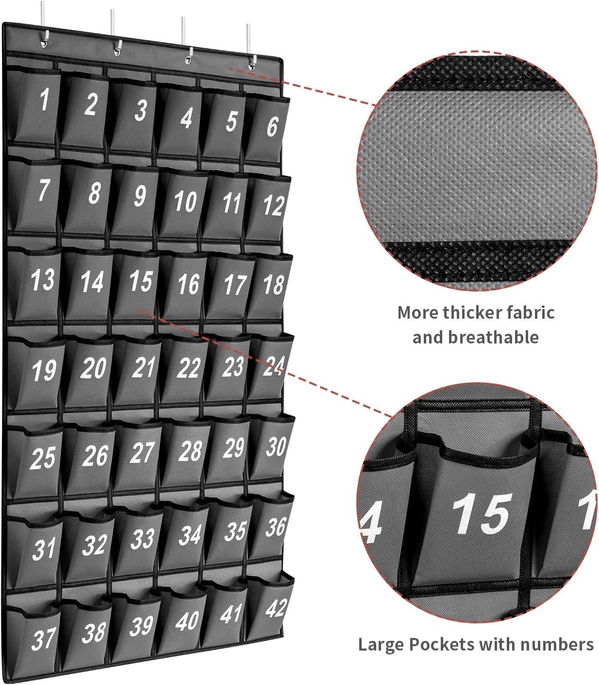 42 Pockets Numbered Classroom Pocket Chart for Cell Phones, Hanging Pocket Chart Storage for Classroom Phone Calculator Holder with 4 Hooks and 42 Clear Numbers Printing (Grey-42pockets)