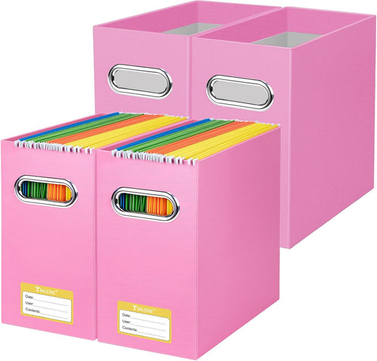 BALEINE File Organizer Box, Cardboard File Folder Organizer with Handle for Letter Size, Portable Collapsible Hanging Filing Box for Home Office Document Storage (4 Pack, Pink)