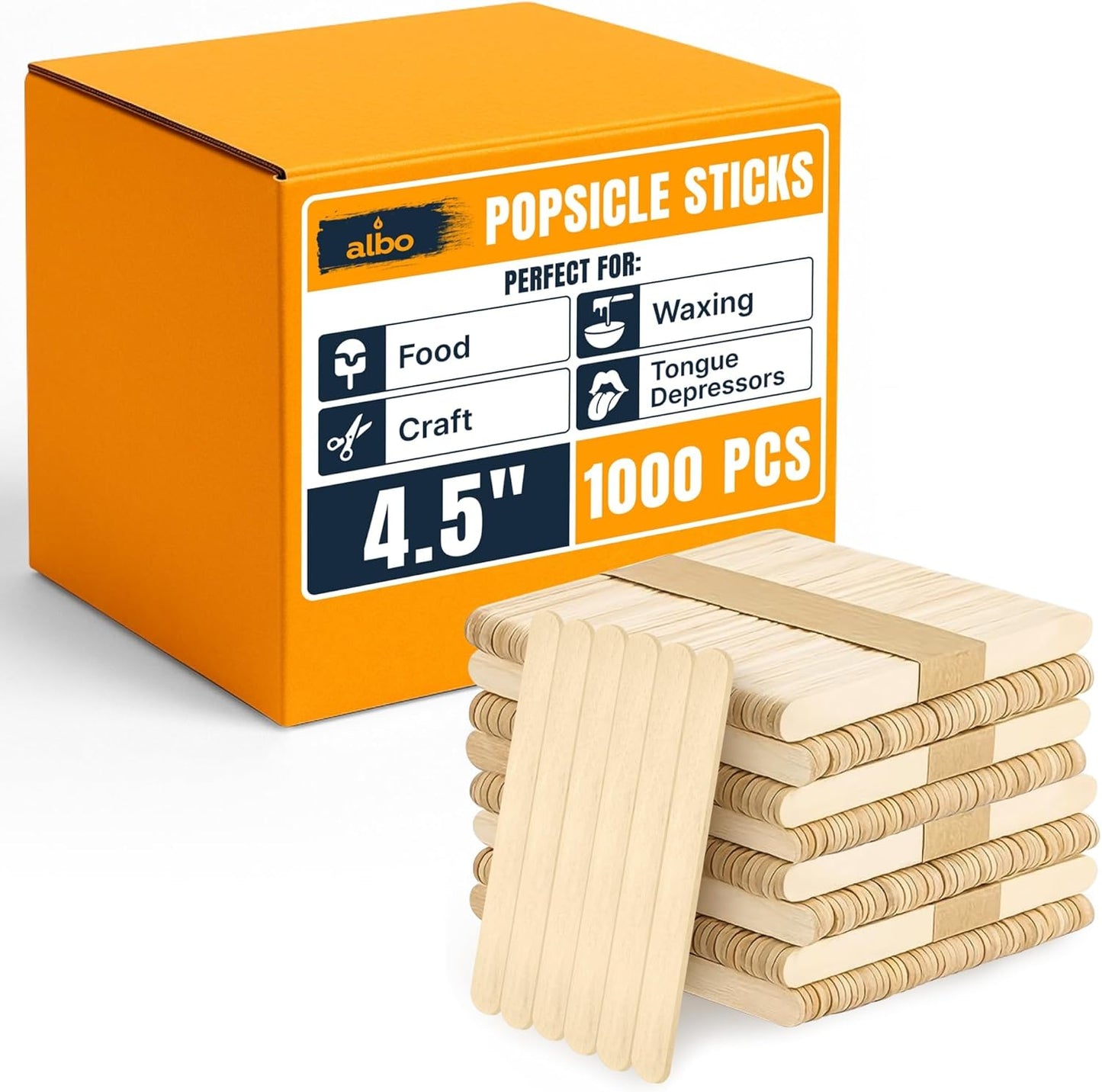 ALBO 1000 Pack 4.5" Wood Popsicle Sticks | Food-Safe Ice Cream, Cake Pop & Chocolate Molds | Waxing Applicators, Epoxy Resin Stir Sticks, Tongue Depressors | Bulk DIY Craft Supplies for Kids & Pros