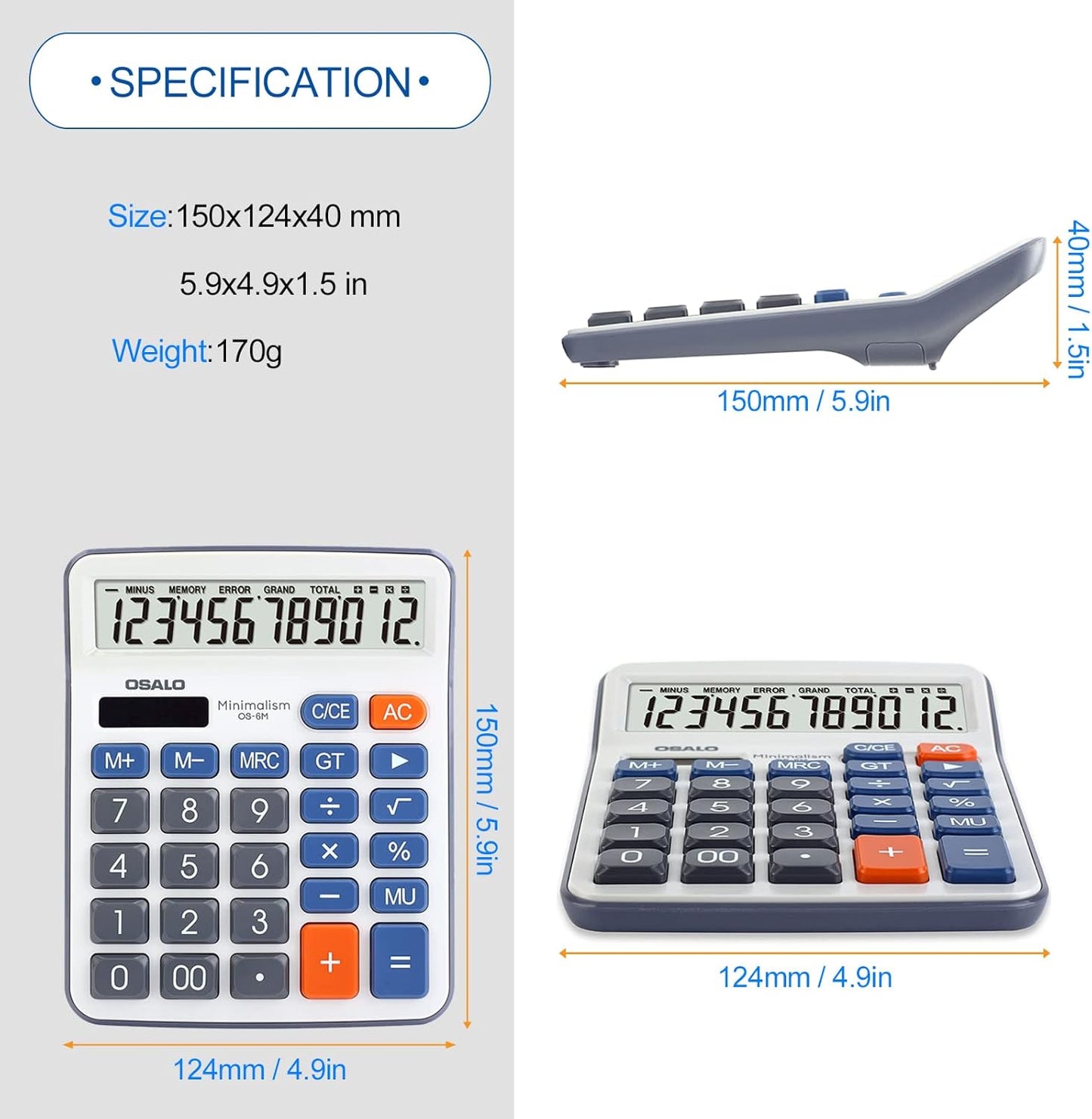Desktop Calculator Large LCD Display 12 Digit Number Handheld Portable Pocket Basic Calculator with Big Soft Sensitive Button, Battery and Solar Powered, for Office Home School Use(OS-6M)