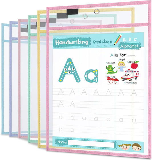 12 Pack Dry Erase Pockets 6 Assorted Colors 8.5 x 11 Inch Clear Plastic Sheet Protectors Dry Erase Pocket Sleeves Teacher School Office Supplies (Pastel)
