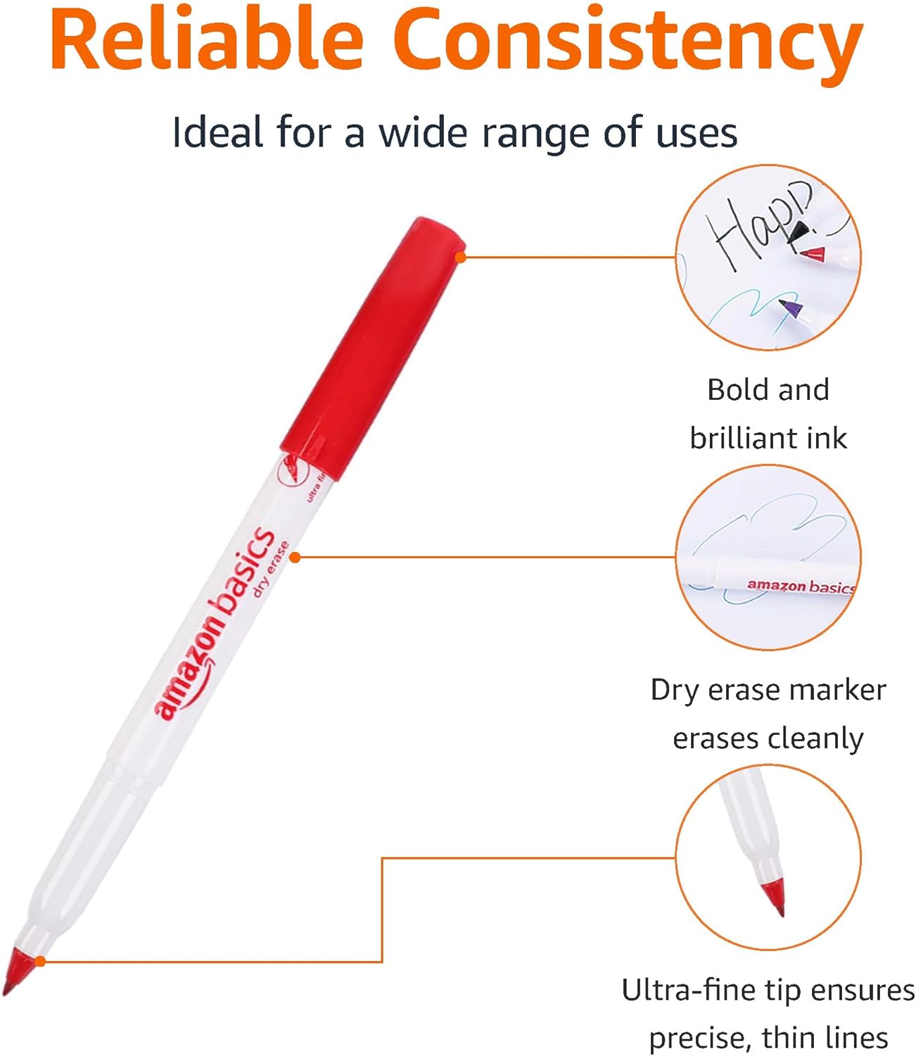 Amazon Basics Low Odor Ultra Fine Tip Dry Erase White Board Markers, Assorted Colors, 12-Pack