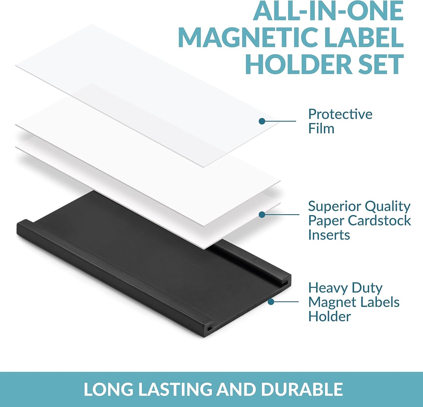 50 Pack"C" Channel Magnetic Label Holders 1x2 with 100 White Card Inserts, 50 Clear Plastic Protectors and Bonus 20 Colorful Cardstock Inserts in Blue, Green, Yellow and Red - Double-Sided Cards