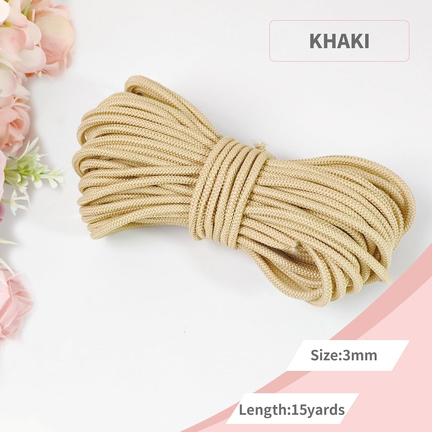 1/8 inch Non-Slip Elastic Band -3mm 15 Yards Soft Elastic Cord Stretch String Braided Thread for Sports Gear, DIY Crafts, Hair Bands, Shoelaces,Apparel Making & Camping Tie Down (Khaki)