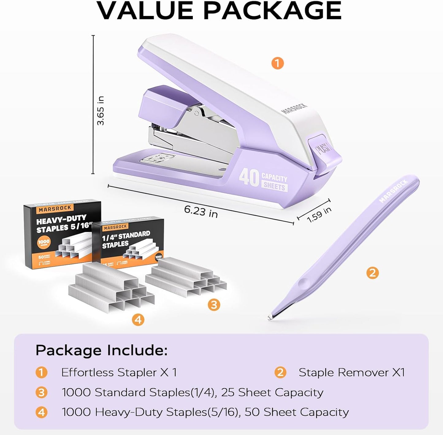 Effortless Stapler for Desk with 40-50 Sheet Capacity, 2000 Staples, 1-Touch Stapling, Ergonomic & Easy to Load Desktop Staplers, Heavy Duty Stapler, and Magnetic Staple Remover, Purple