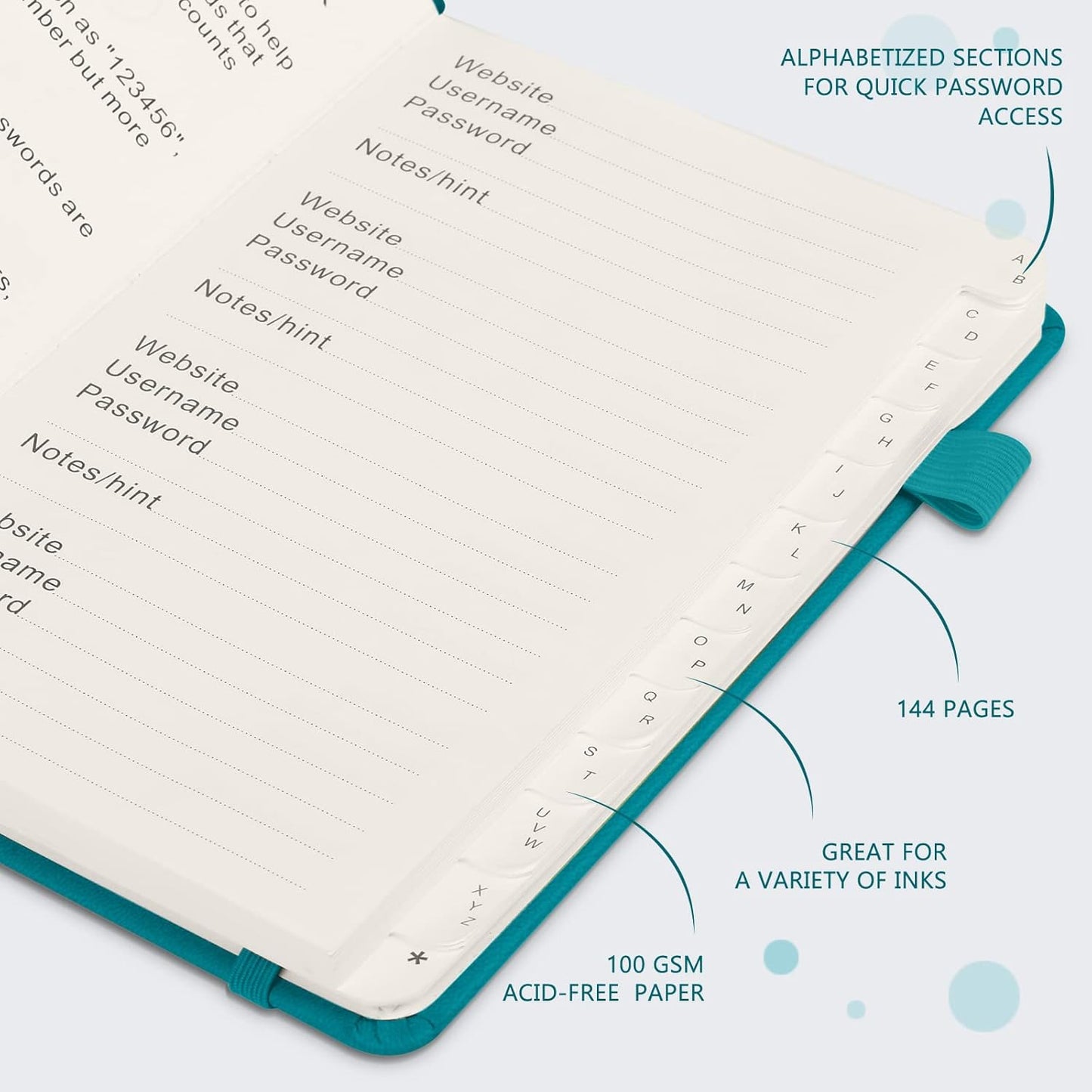 JUBTIC Password Book with Alphabetical Tabs. Medium Size Password Keeper Logbook for Internet Log in, Website Address. Hardcover Password Journal Notebook & Organizer for Home Office, Turquoise