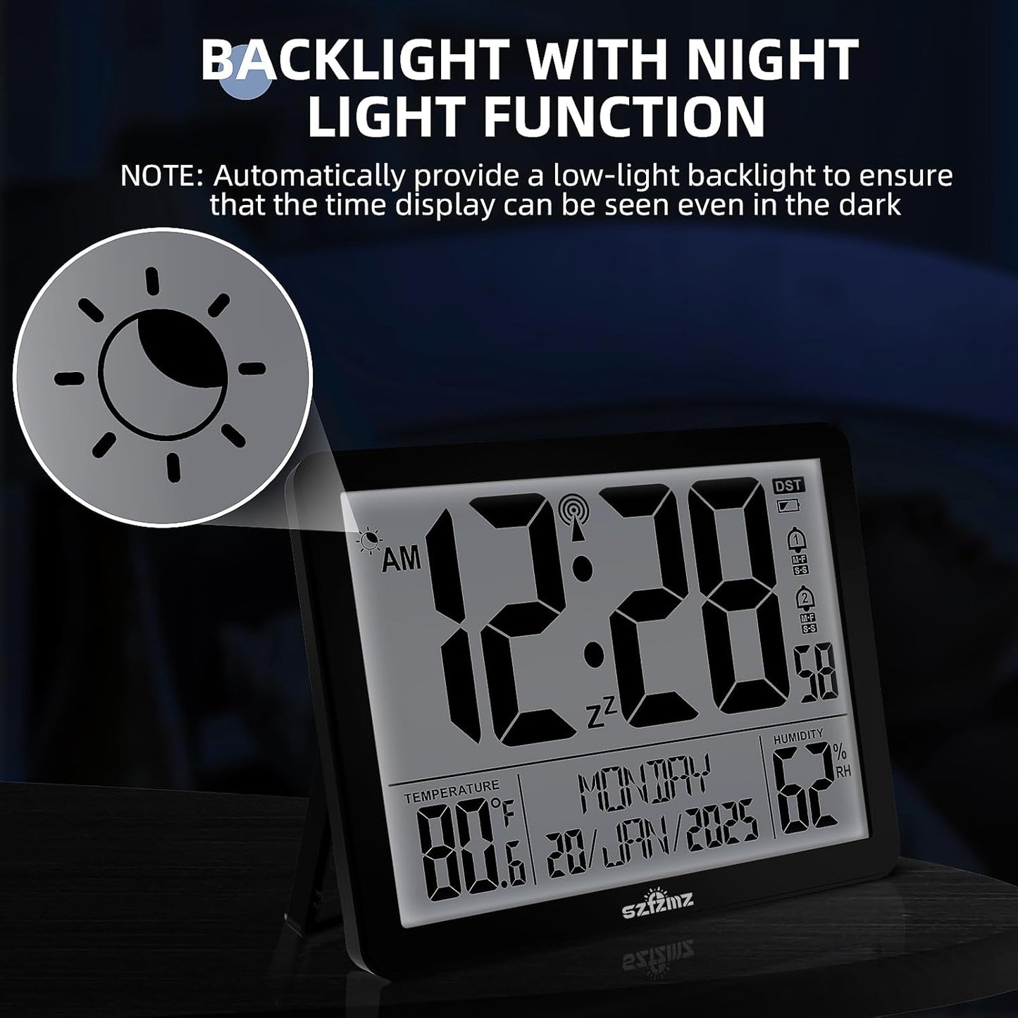 Atomic Digital Wall Clock Battery Operated with Backlight, Desk Clocks with Indoor Temperature & Humidity, 8.5" Small Alarm Clock with Date and Day of Week for Bedrooms, Living Room, Auto DST, Black