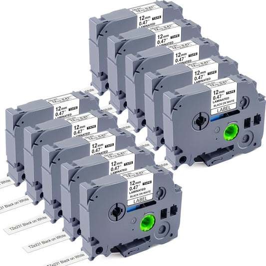 10 Pack Label Maker Tape Replacement for TZe-231 TZe231 Laminated White P Touch Label Tape, 12mm x 8m, Black on White, Compatible with Brother P Touch Label Maker PTD210 PT-H110 PT-D400