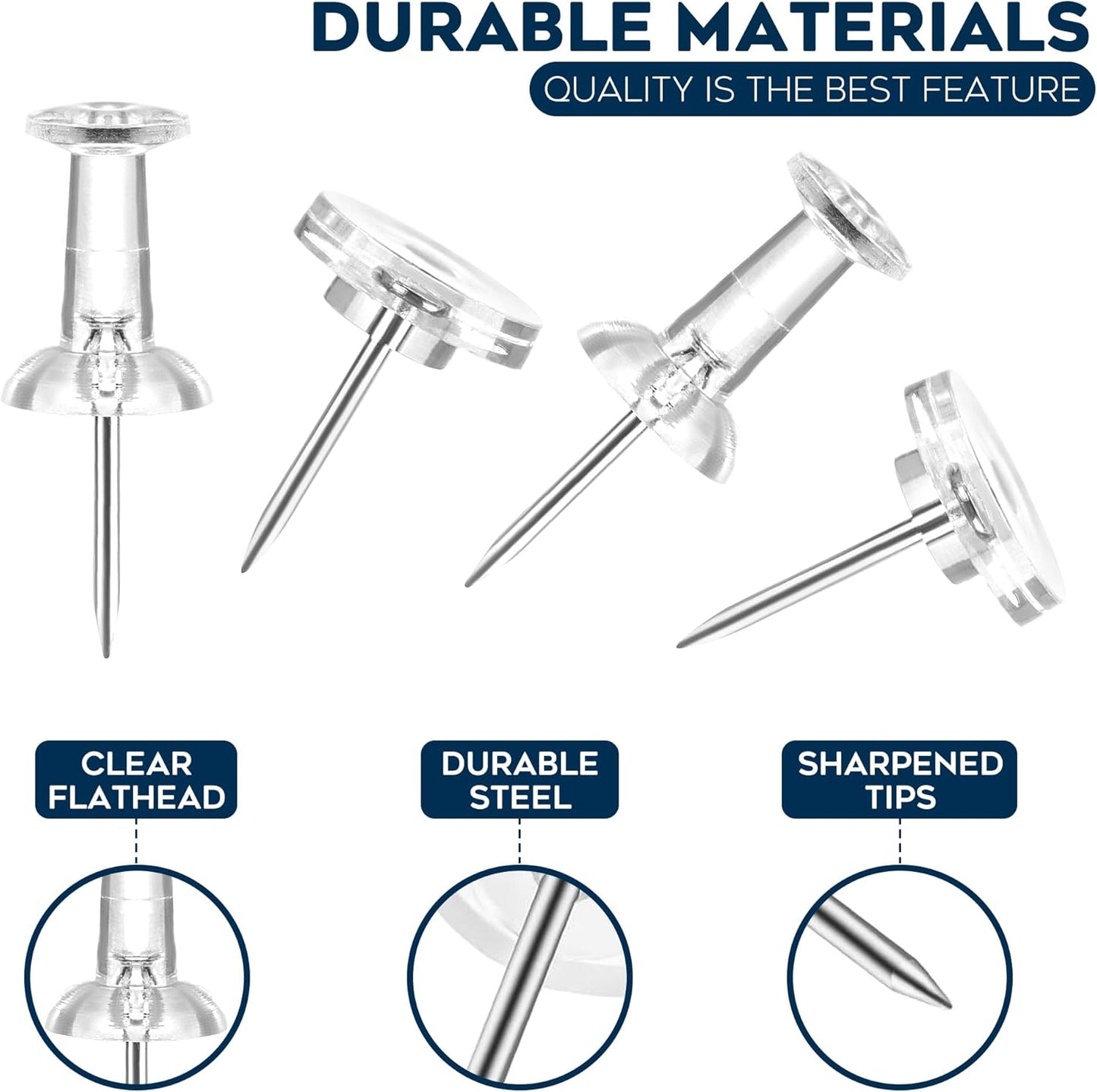 150 Pack Assorted Clear Push Pins by Luxurecourt for Bulletin Board, Wall Hanging, Cork Board, Shadow Box Display - Includes Flat Head Thumbtacks & Standard Pushpins in Plastic Resuable Storage Box.