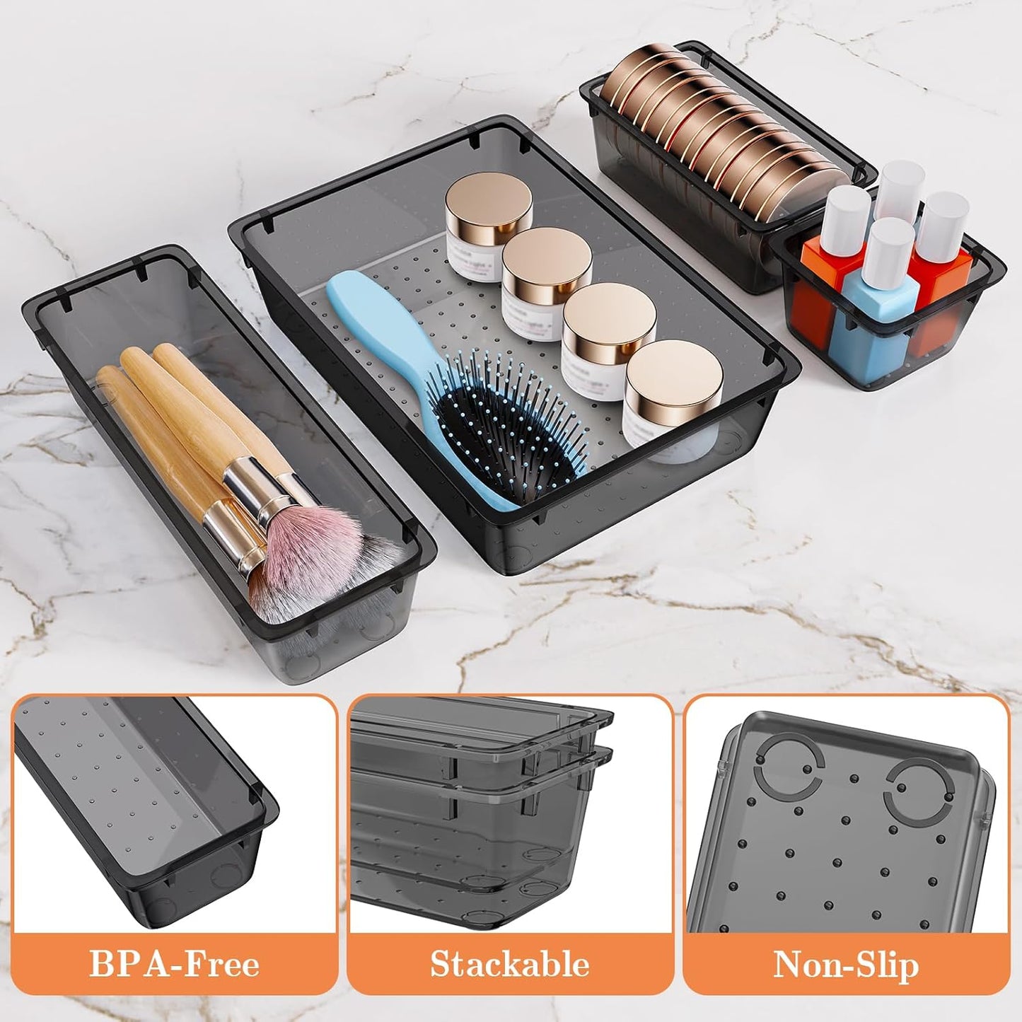 25 PCS Plastic Drawer Organizer Set, 4-Size Versatile Organizer Trays & storage Bins for Makeup, Jewelry, and Gadgets in Bathroom, Bedroom and Office,Clear Black