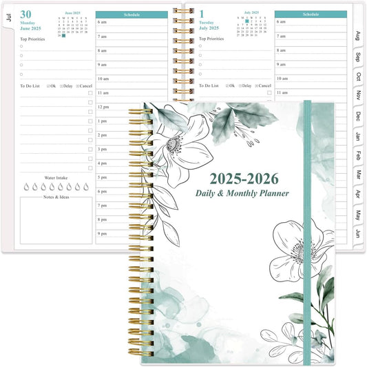 2025-2026 Daily & Monthly Planner - One Page Per Day, Daily Planner 2025-2026 from July 2025 to June 2026, Planner 25-26 with 12 Monthly Tabs, 6.4" x 8.5", Teal Flowers