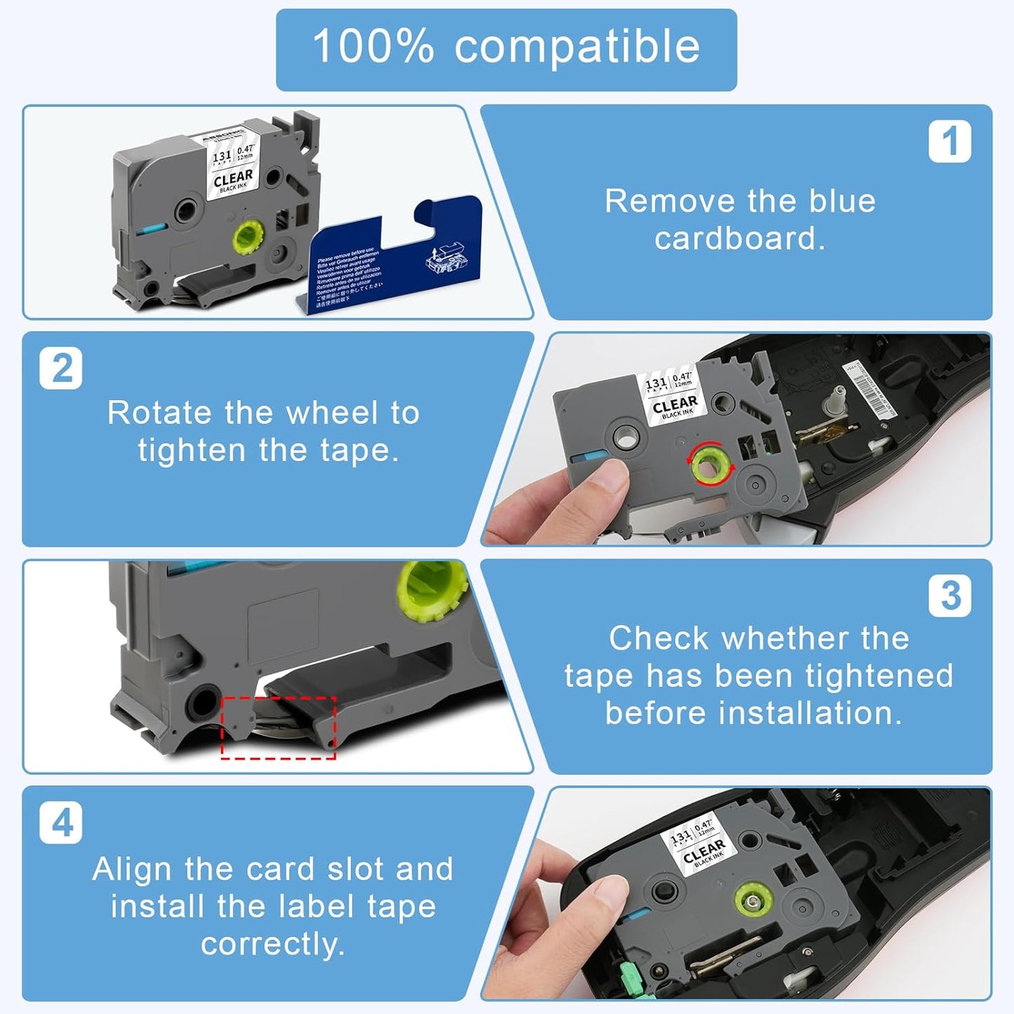 Absonic Tz131 Label Maker Clear Tape Compatible for Brother Tze-131 Tze 12mm 0.47 Laminated 1/2 Tz Label Tape for Brother Ptouch PTD220 PTD210 PTH110 PTH100 PTD400 PTD610BT, Black on Clear, 4-Pack