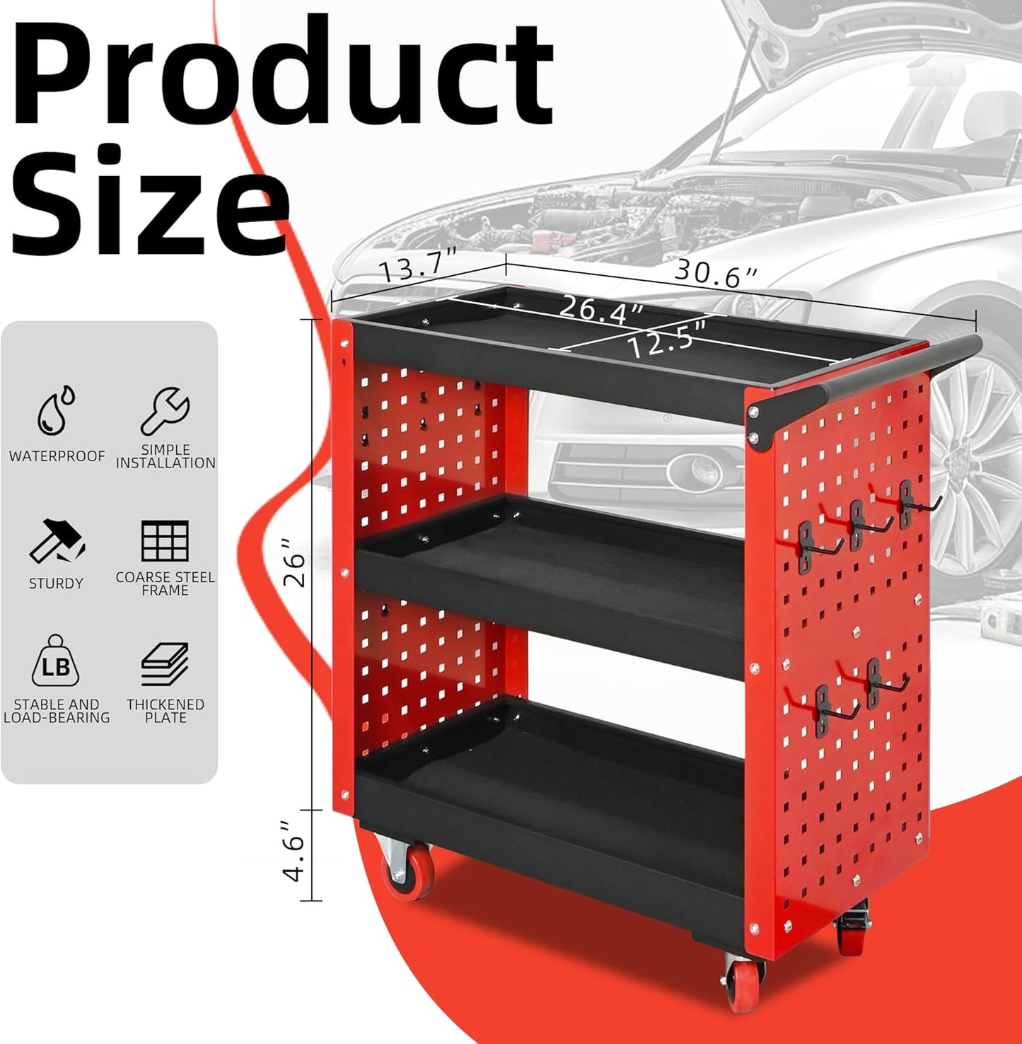 3 Tier Rolling Tool Cart on Wheels, 660LBS Load Capacity Heavy Duty Utility with Pegboard for Repair Shop, Garage, Warehouse, Workshop