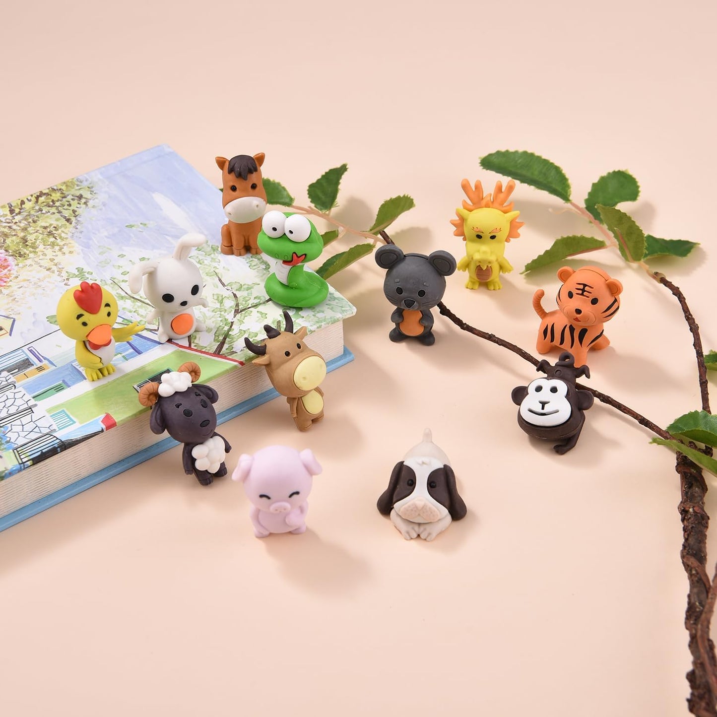 12 Pack Animal Erasers for Kids, 3D Puzzle Eraser for Boys Girls, Chinese Zodiac Erasers for School Supplies Prize Gifts Party Favors