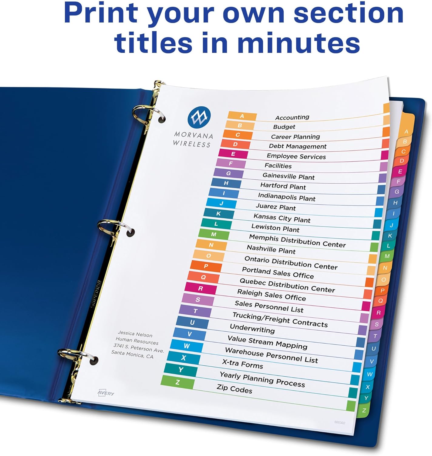 Avery A-Z Tab Dividers for 3 Ring Binder, Customizable Table of Contents, Multicolor, 1 Set (11125)