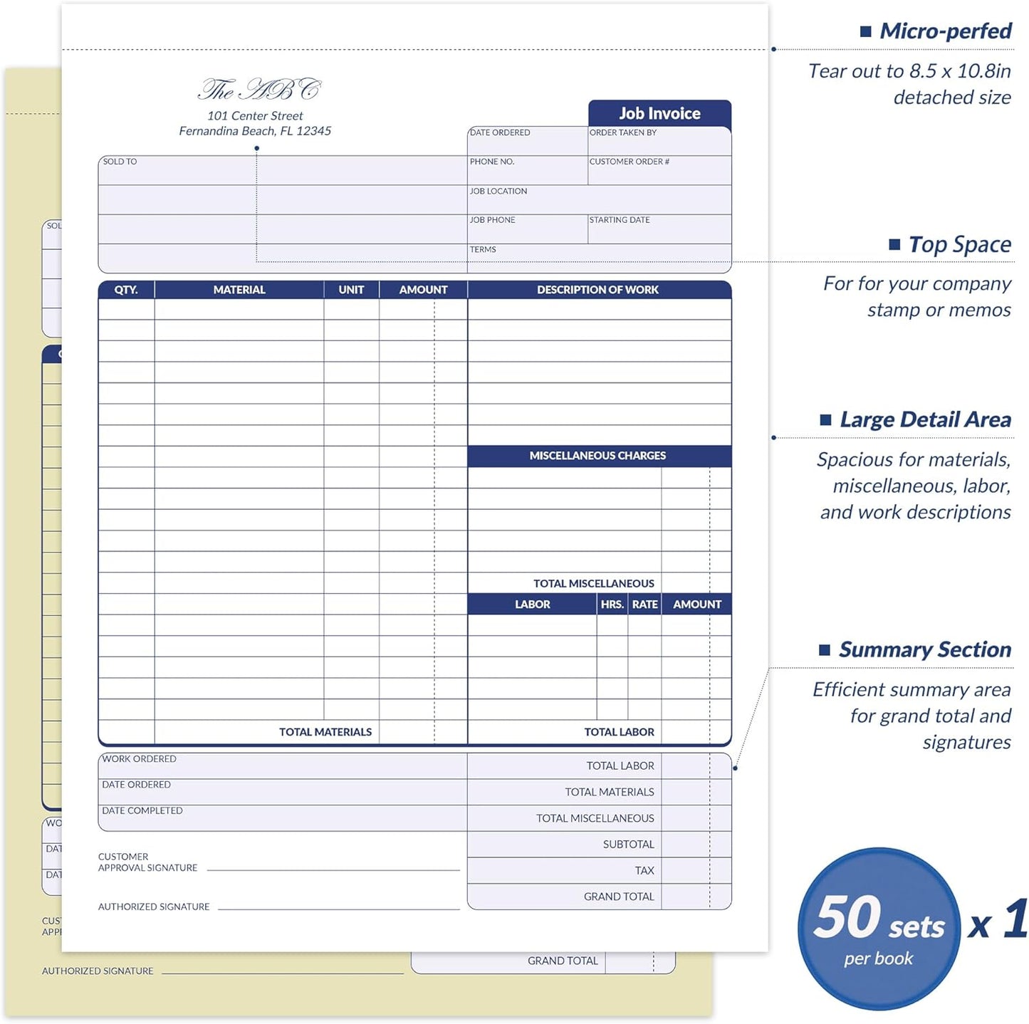 Job Work Order Forms, Large Size Contractor Invoice Book 8-1/2" x 11-7/16", Invoice Receipt Book for Small Business, 2-Part Carbonless Forms, 50 Sets