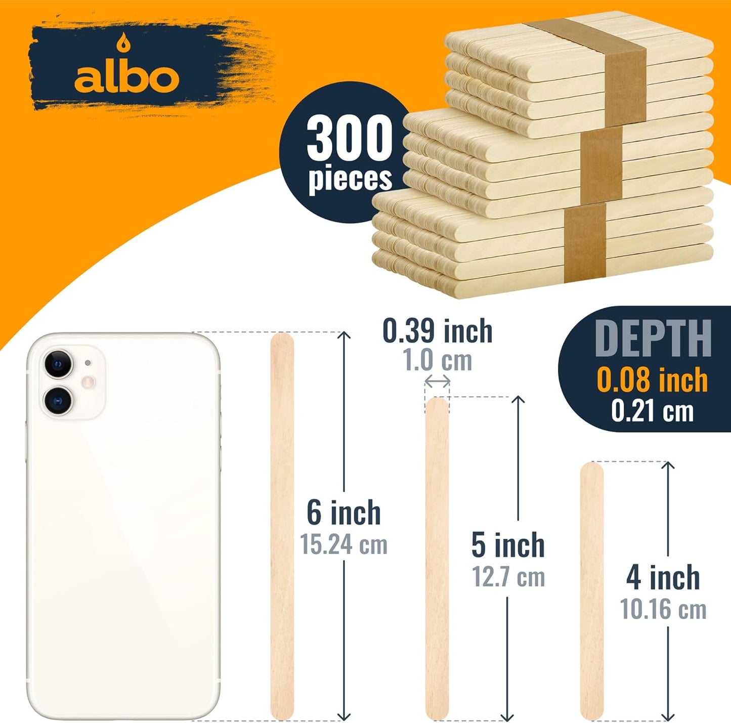 ALBO 300 Pack Wooden Wax Sticks – 4", 5", 6" Birch Applicators | Food-Safe Craft Sticks for Eyebrow & Body Wax | Resin Mixing, Ice Cream & Cake Pop DIY | Bulk DIY Craft Supplies for Kids & Pros