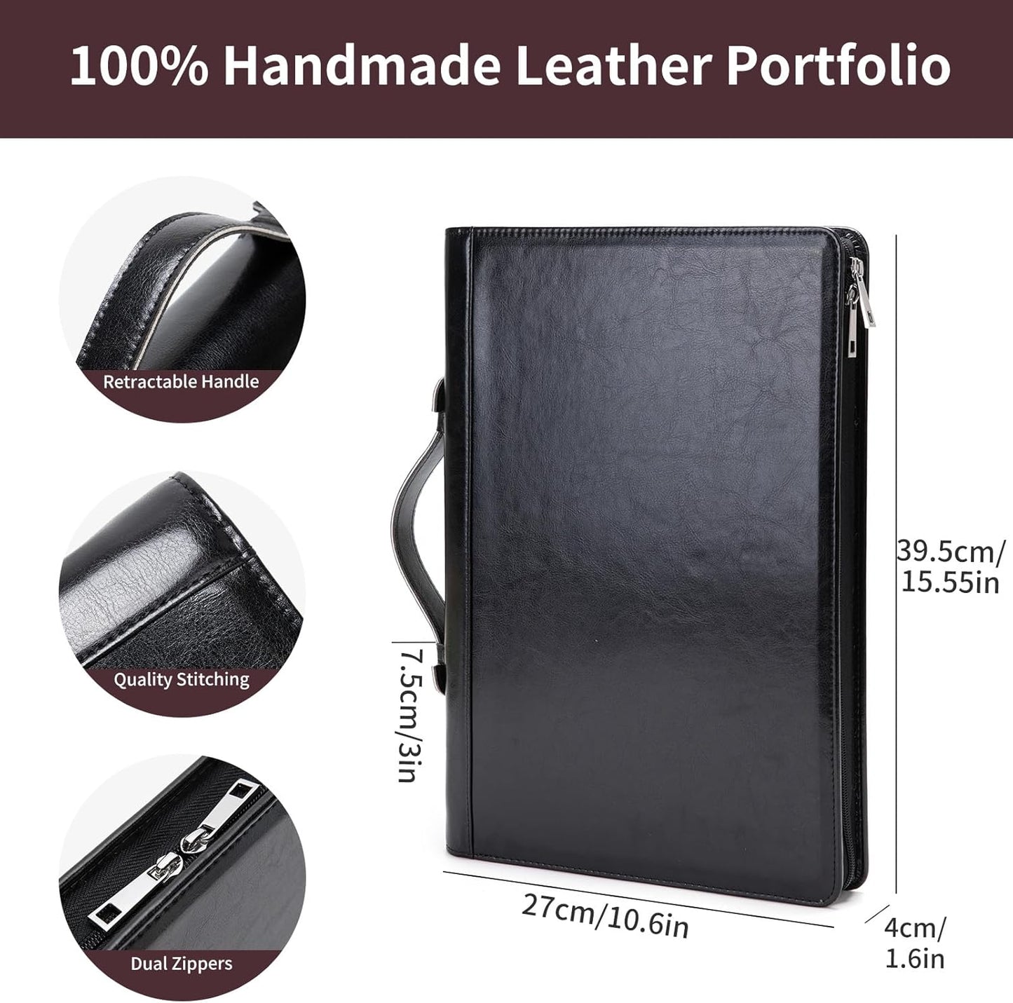 Vegan Leather 3 Ring Binder Portfolio, 8.5 x 14 Legal Size Pad Holder, Hidden Handle, Zippered Padfolio with 15” Laptop Organizer, Professional Business Folio for Men Women, Black