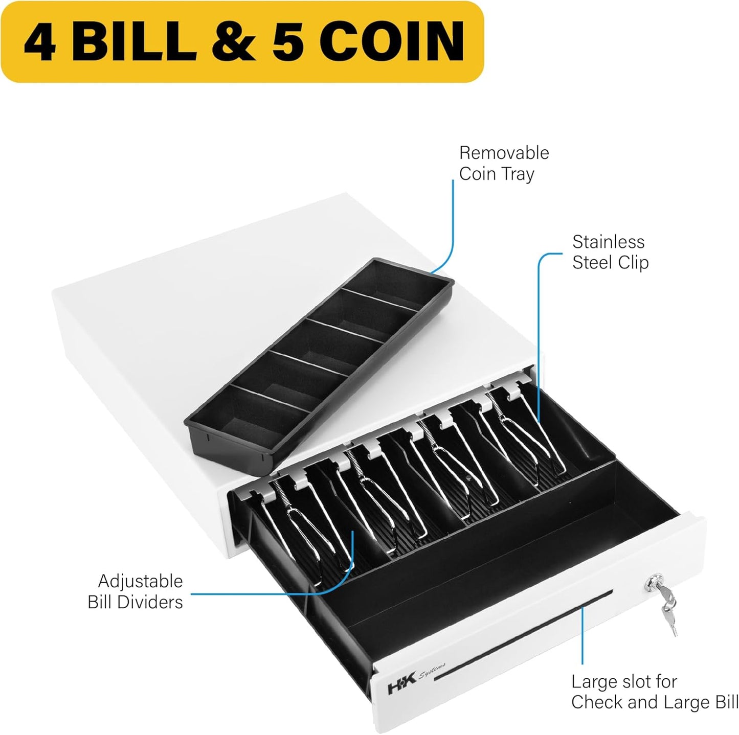 HK SYSTEMS 13inch Heavy Duty POS Cash Drawer with 4Bill/5Coin, Removable Coin Compartment, 24V, RJ11, Single Large Media Slot, White