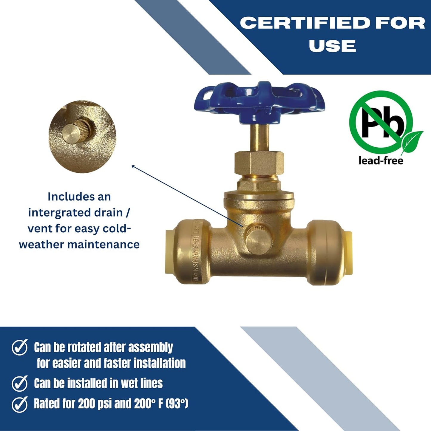 1/2 inch Push Fit Stop Valve with Drain and Vent, Push to Connect Brass Plumbing Fitting, Pex Pipe, Copper, CPVC, PE-RT, HDPE, 2-5-1=1, 1 Piece