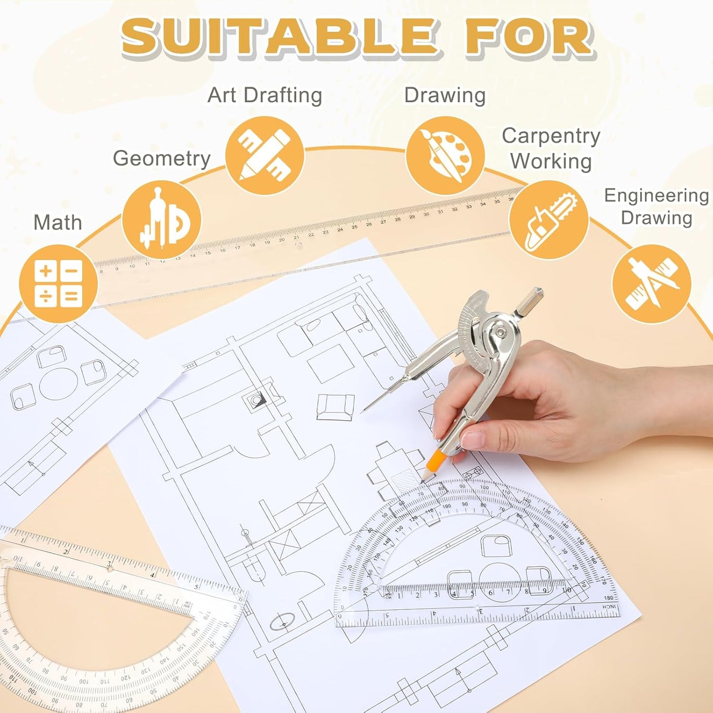 4 Pack Geometry Tool Set, Math Compass for Geometry and 6 Inch Protractor Set Include Metal Compass with Pencil and Clear Plastic Protractor for Student Classroom Office Woodworking Art Drawing