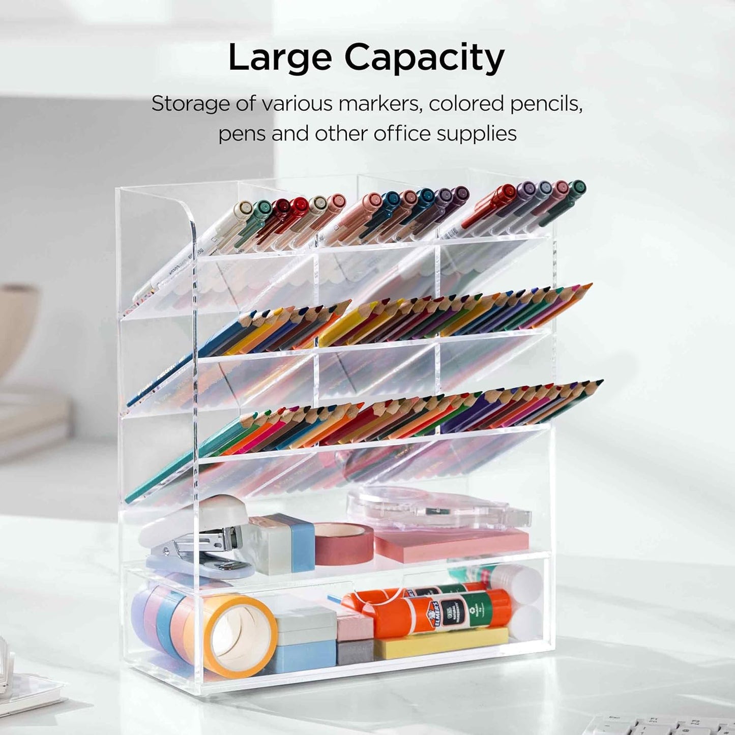 HBlife Acrylic Pen Desk Organizer with Drawer, Clear Vertical Marker Organizer with 11 Compartments, Angled Large Stationary Pencil Display Holder, Art Supplies Organizer for Desk, School and Home