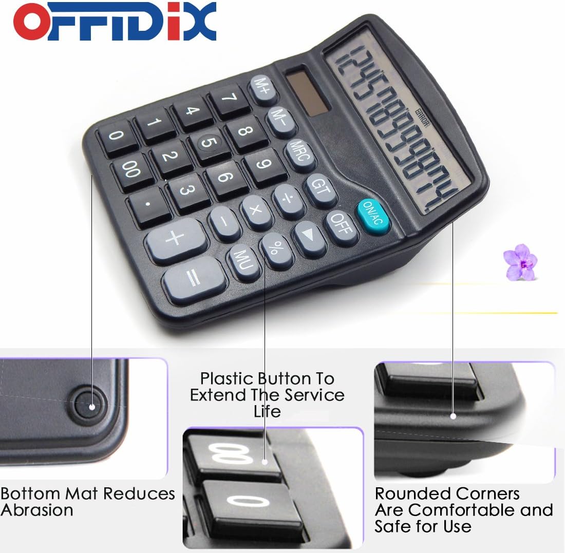 OFFDIX Office Desktop Calculator, Solar and Battery Dual Power Electronic Calculator Portable 12 Digit Large LCD Display Calculator