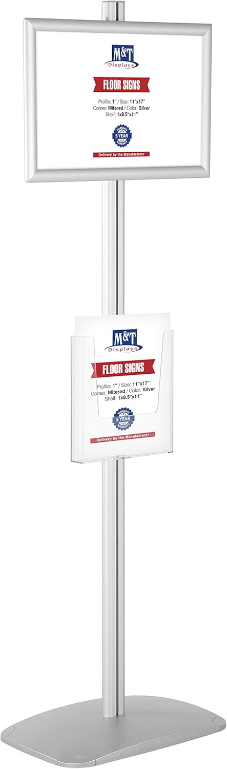 M&T Displays Free Standing Aluminum Display Stand Single Sided Document Brochure Sign Holder Front Loading Portrait Landscape Silver Snap Frame 1x(11x17) and Clear Acrylic Pocket 1x(8.5x11) Inch