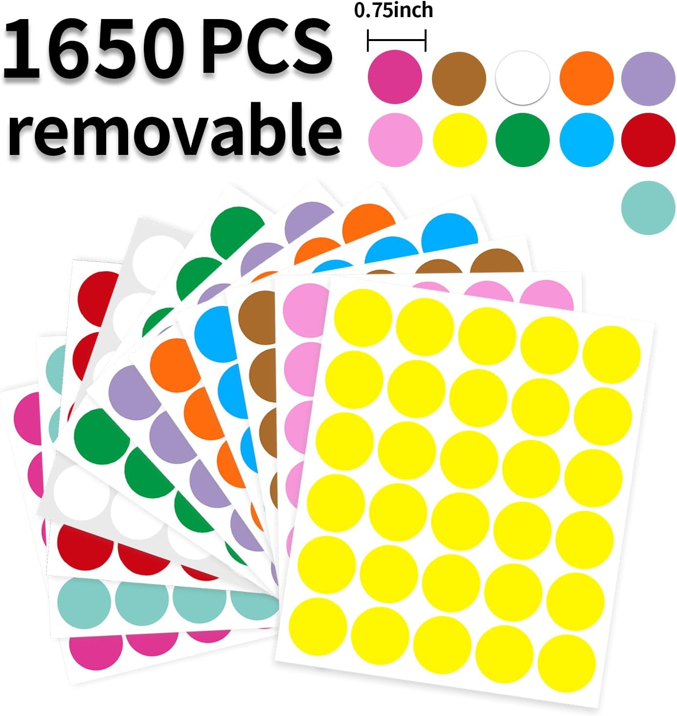 0.75 Inch Removable Color Code Dot Sticker Round Labels,Garage Sale Stickers Price Tags Label Blank Yard Sale Circle Dot Stickers Removable Writable Not Blurry (1650 Pack,11 Colors)