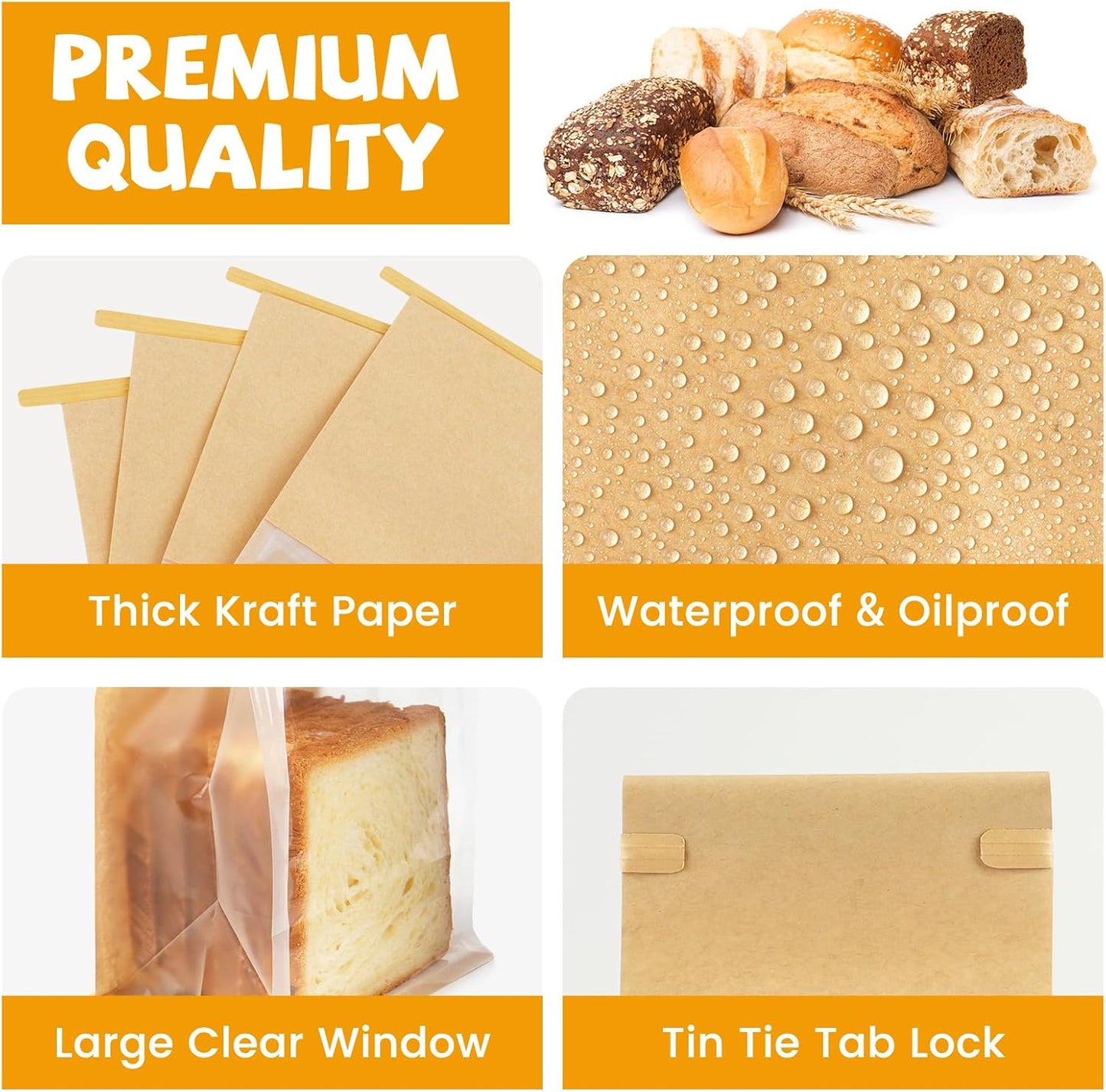 100 Pack Bakery Bags with Window, 5.1x3.9x11 Inches Tin Tie Tab Lock Resealable Bread Loaf Bags for Packaging Homemade Sourdough Bread, Cookies, Bagels, Pastry