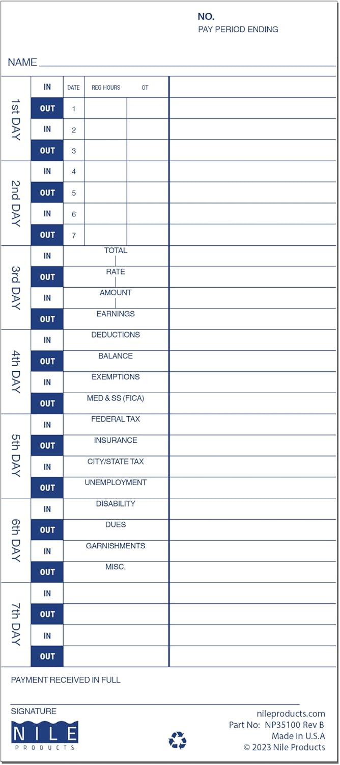 Nile Products - 200 Authorized Single Sided Time Cards for Pyramid Manual Side Print Timeclock and Document Stamp [ NP35100-PK2], Pyramid 35100-10 Compatible (4 W x 9 H Inches) - 200 Time Cards