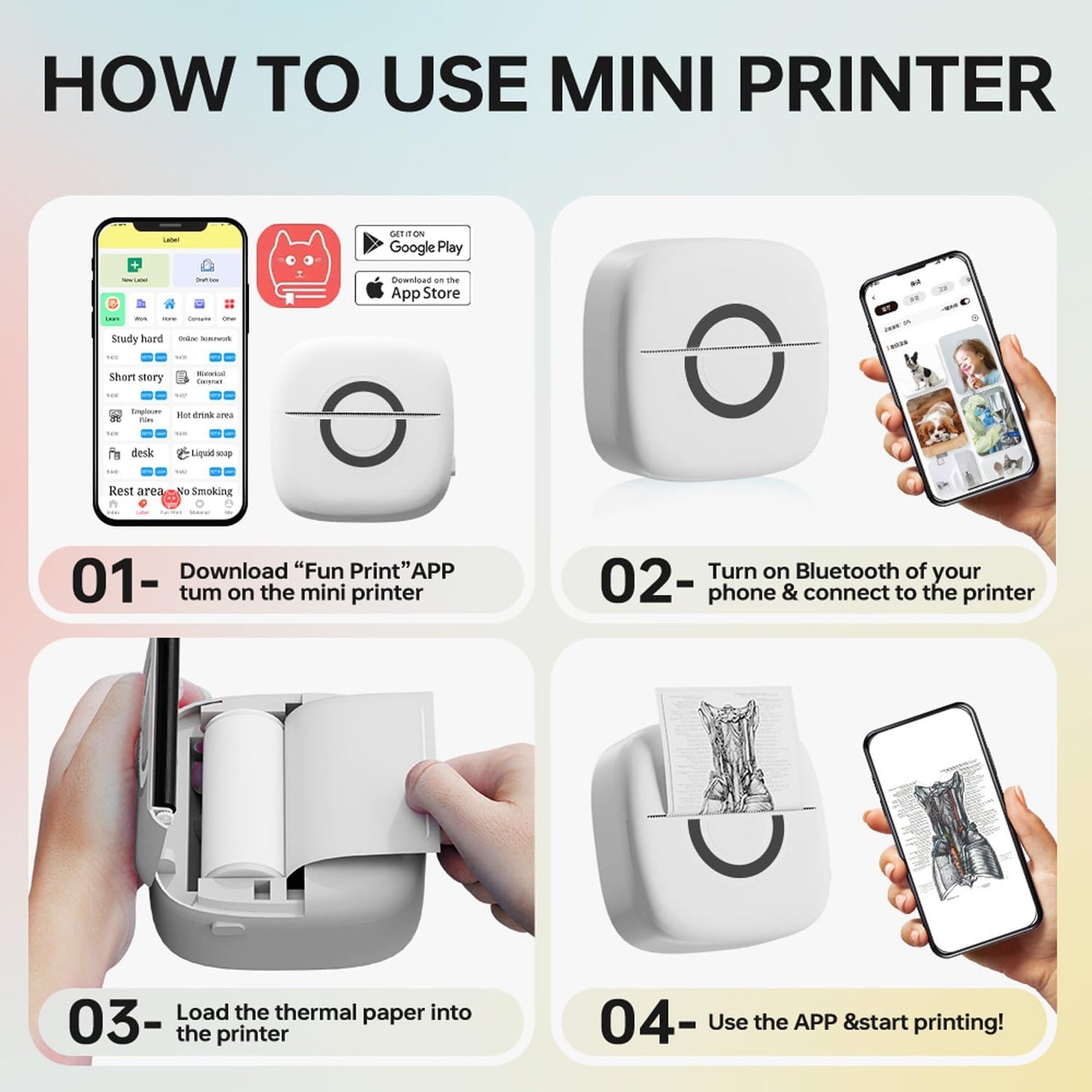 Mini Printer Sticker Thermal Printer with 3 Rolls Paper, Bluetooth Portable Phone Print Pods,Study Sticker Maker for Pictures, Photos, Journals, DIY, Compatible with Phone & Tablet