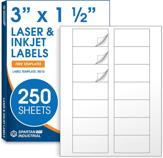 3" X 1.5" Matte White Printable Labels Compatible with Inkjet and Laser Printers - 250 Sheets, 3500 Total Stickers for Bottles, Product Labeling, Mailing - Spartan Industrial