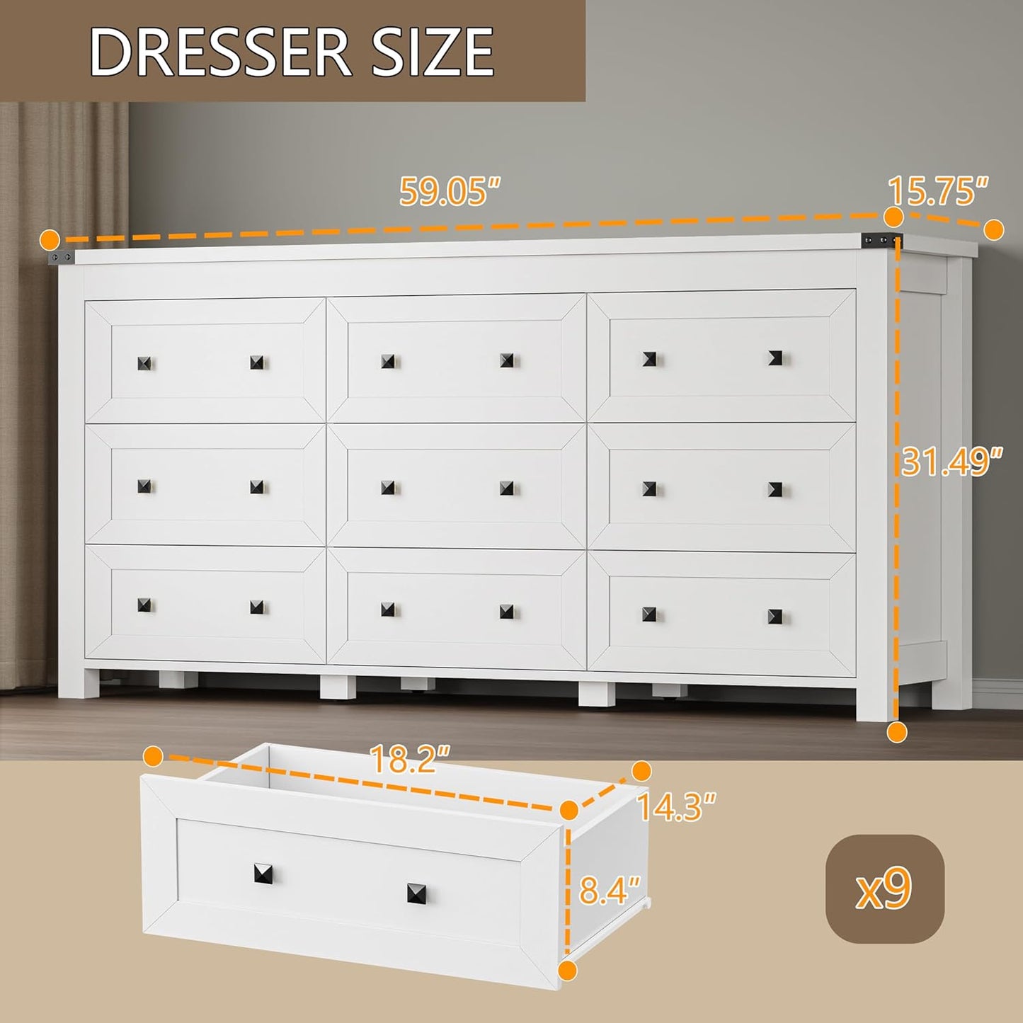 9-Drawer Dresser, Modern Wooden Storage Chest of Drawers, Dresser TV Stand, Wood Drawer Organizer with Metal Handles for Bedroom, Living Room, Hallway