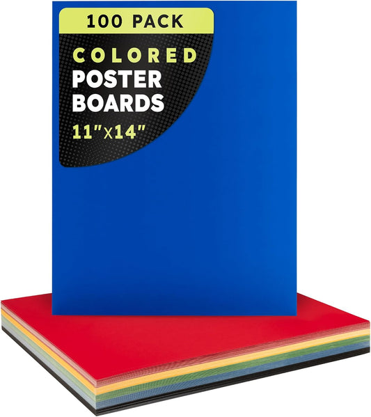 Hygloss Medium Colored Poster Board 11x14 - 100 Assorted Standard Color Poster Boards Bulk Pack - Red, Yellow, Green, Blue, Black - 10 Pt. Thickness Poster Board Paper, Posterboard Multipack 11" x 14"
