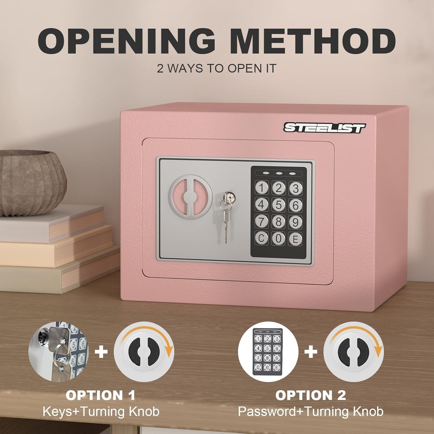 Home Safe, 0.23 Cubic Pink Safety Box, SafeBox for Money, Steel Security Box with Key, Firesafe Waterproof Safe Box, Safes for Money, Jewelry, Hotel or Business, Mini Safes for Personal Items