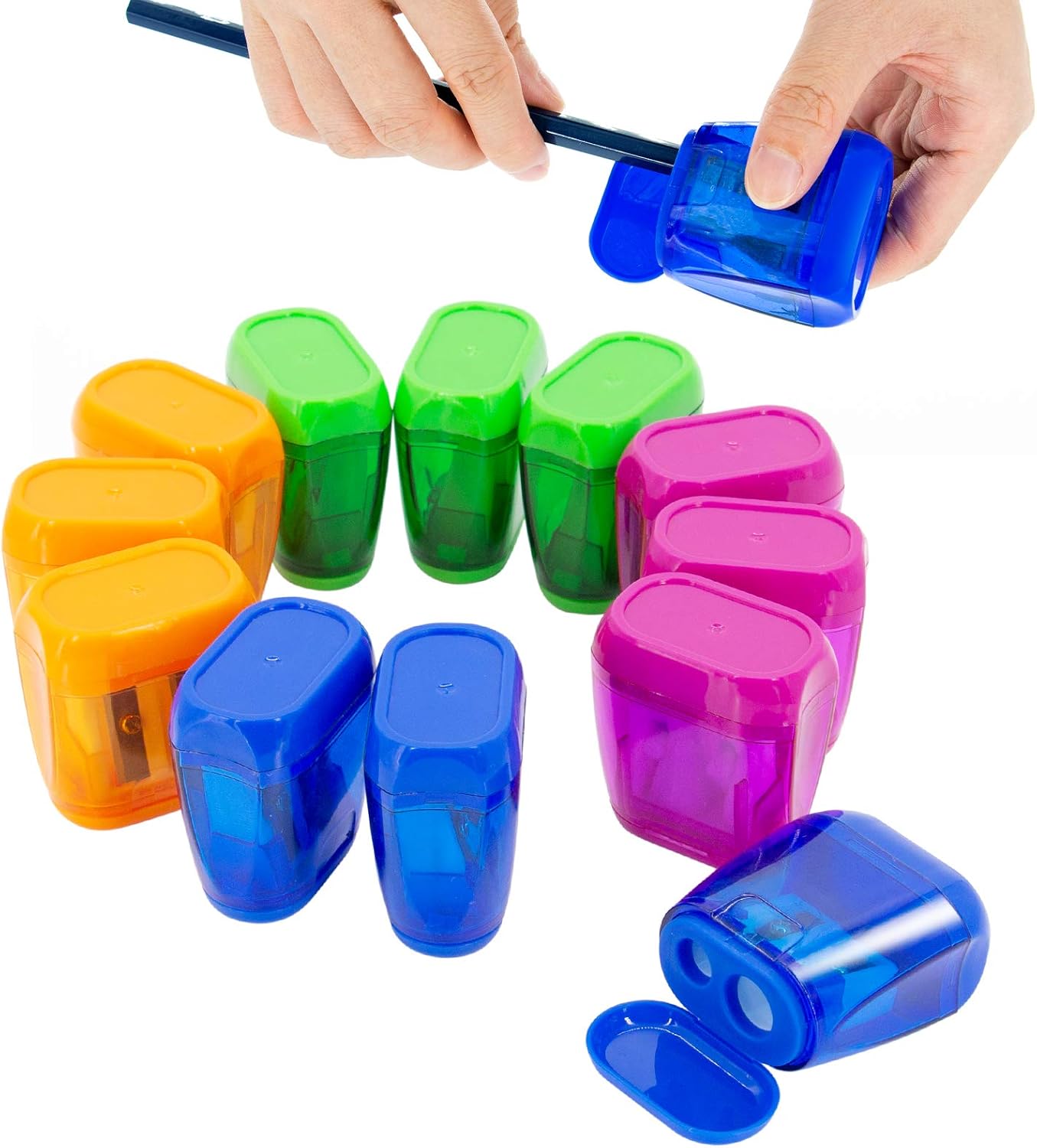 KIDMEN Manual Pencil Sharpeners,2 Holes Compact Sharpener with Lid for Kids, School and Office-12 Pack